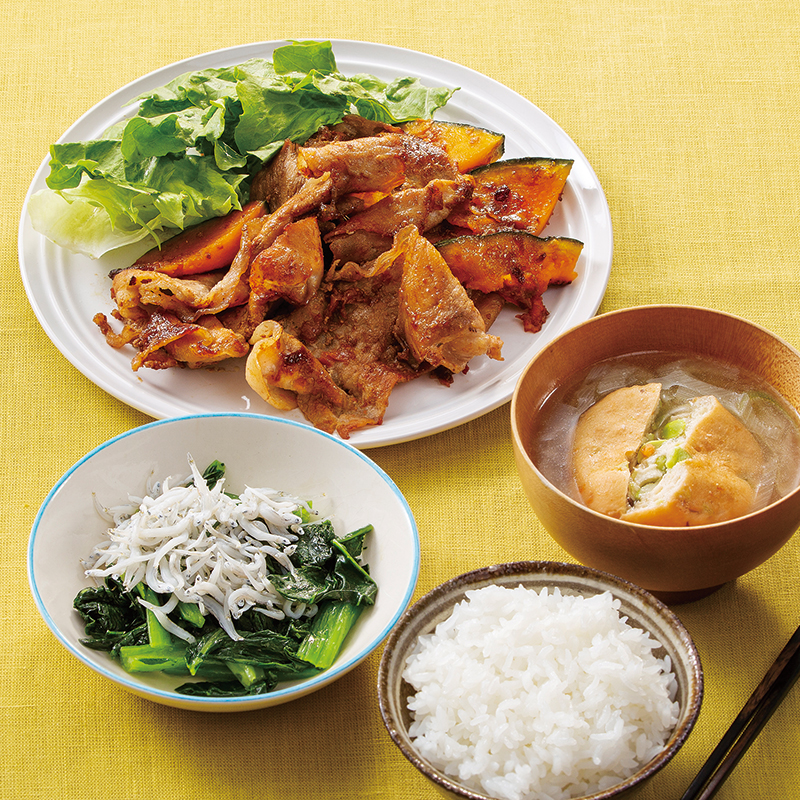 豚モモ肉とかぼちゃの梅照り焼き 小松菜のオイル蒸ししらすのせ 枝豆がんものみそ汁 だいどこログ 生協パルシステムのレシピサイト