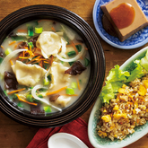 『白湯水餃子スープ』、『くるみどうふ』、『直火炒めチャーハン』（3人分）