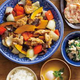 『栗かぼちゃのオイスター醤油炒め』、『国産紅しょうが天』、しらすと小松菜の白あえ、丸ごとたまごのみそ汁（3人分）