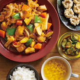 『産直鶏肉と野菜の甘酢炒め』、『産直たけのことしいたけの焼売』、簡単！ パリパリきゅうり漬け、中華コーンスープ（3人分）