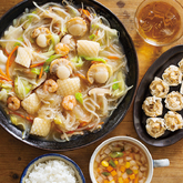 『海鮮白湯あんかけ炒め』、『産直たけのことしいたけの焼売』、ミックス野菜の中華スープ（3人分）