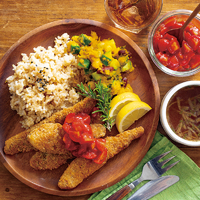 『カレイの香草焼き』 ミニトマトのソース、豆とかぼちゃのサラダ、『国産たまねぎ使用オニオンスープ』（3人分）