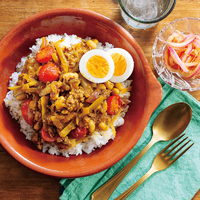 豆とごぼうのスパイスキーマカレー、赤玉ねぎの即席アチャール（インド風ピクルス）（2人分）