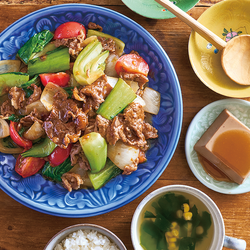 牛肉と春野菜の中華炒め、『くるみどうふ』、わかめとコーンの