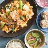 『国産豚肉のオイスターうま煮』、『肉焼売』、かにかまときゅうりのさっぱり中華スープ（3人分）