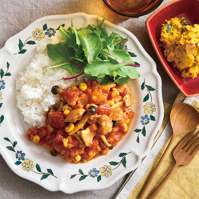 トマトチキンハヤシライス、『サラダデリ・かぼちゃサラダ』（3人分）