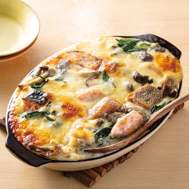 鮭とほうれん草の白だしグラタン