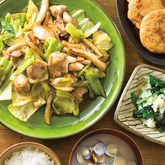 『産直鶏肉のバター醤油炒め』、『国産玉ねぎ天』、ほうれん草のみぞれあえ、しじみのみそ汁（3人分）