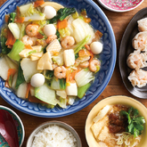 『えびといかの八宝菜』、『甘えびしゅうまい』、シェントゥジャン（台湾風豆乳スープ）（3人分）