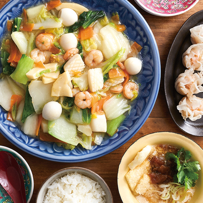 『えびといかの八宝菜』、『甘えびしゅうまい』、シェントゥジャン（台湾風豆乳スープ）（3人分）
