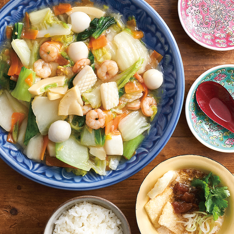『えびといかの八宝菜』、シェントゥジャン（台湾風豆乳スープ）（2人分）