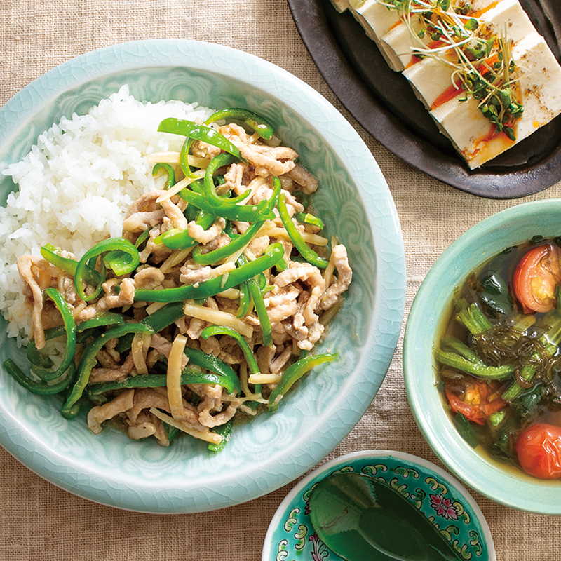 チンジャオロースー、中華風とうふ、もずく酢スープ（3人分）