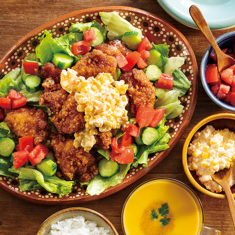 野菜たっぷりチキン南蛮、コーンタルタルソース、フレッシュトマトソース、『国産かぼちゃの冷製ポタージュ』（3人分）