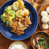 『産直豚肉のしょうが焼き』、『鈴廣ぷちやきかまチーズ』、レンチンじゃがバター、あさりのみそ汁（3人分）