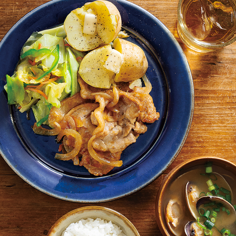 『産直豚肉のしょうが焼き』、レンチンじゃがバター、あさりのみそ汁（2人分）