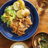 『産直豚肉のしょうが焼き』、レンチンじゃがバター、あさりのみそ汁（2人分）