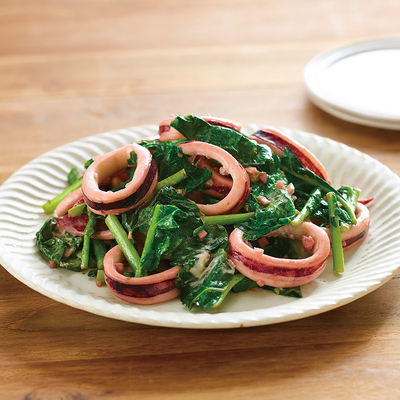 いかとかき菜のしょうゆマヨソテー