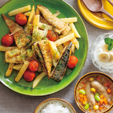 『塩さばとじゃがいものイタリアンガーリックソテー』、ヨーグルト、ウインナーベジスープ（3人分）