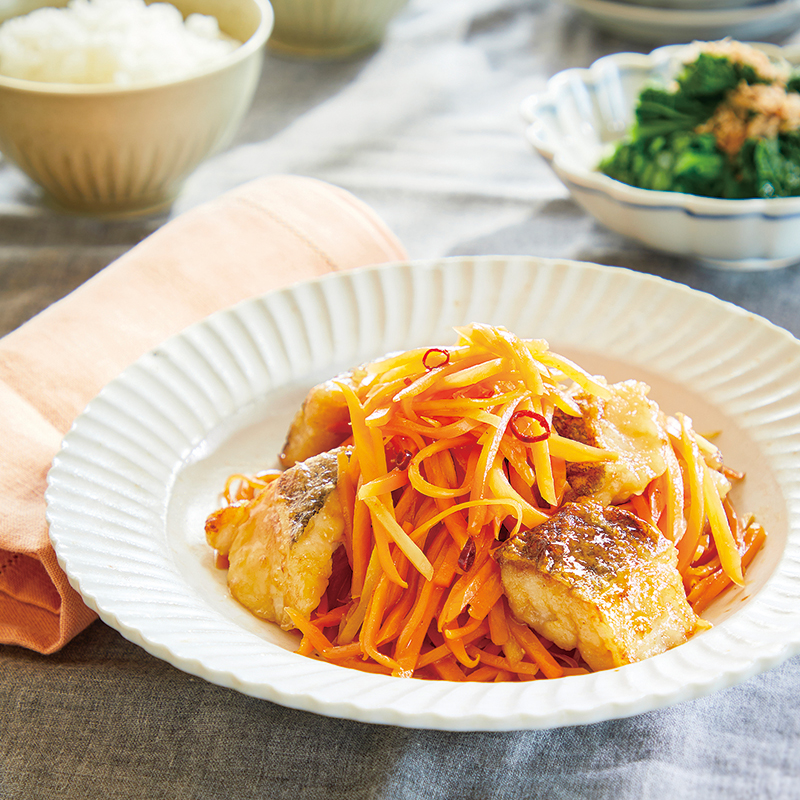 新人参とたらの甘酢炒め