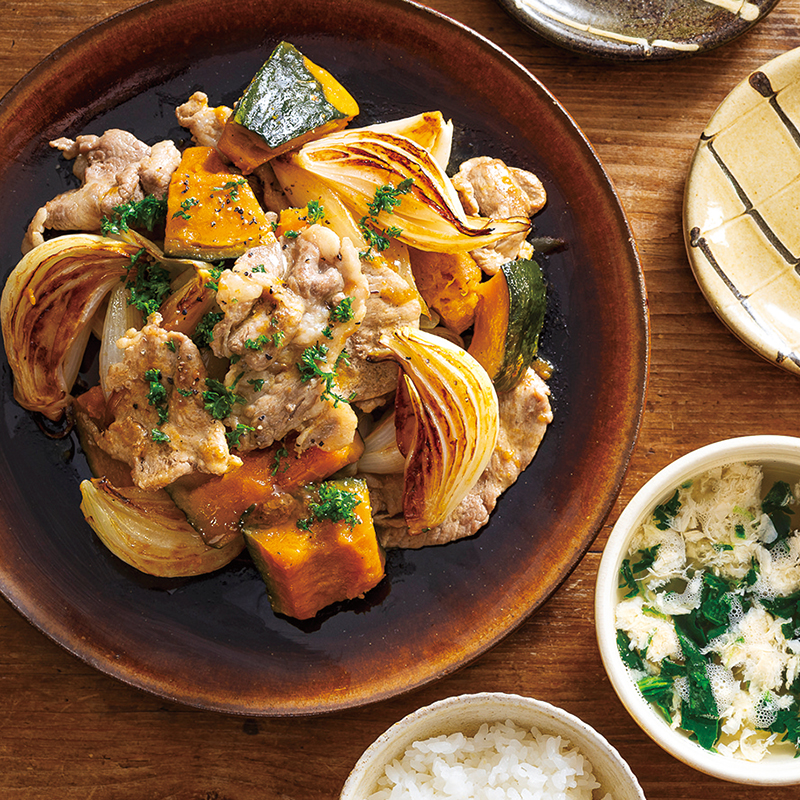 新玉ねぎとかぼちゃのコンソメバターソテー、『産直たまごとほうれん草のスープ』（3人分）