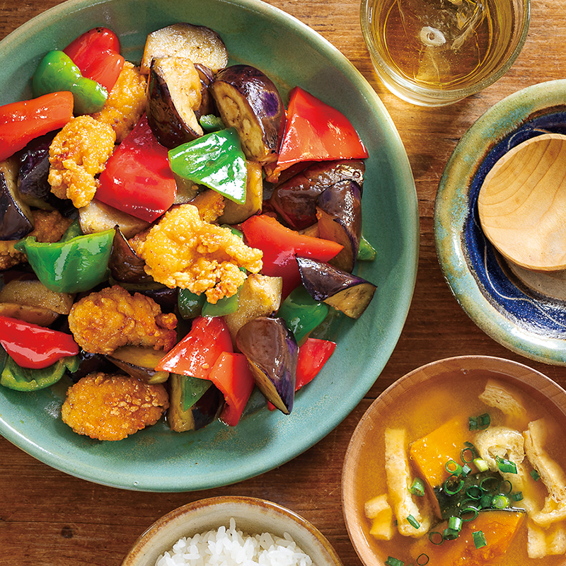 『鶏唐揚げのさっぱりポン酢炒め』、かぼちゃとお揚げのみそ汁（2人分）