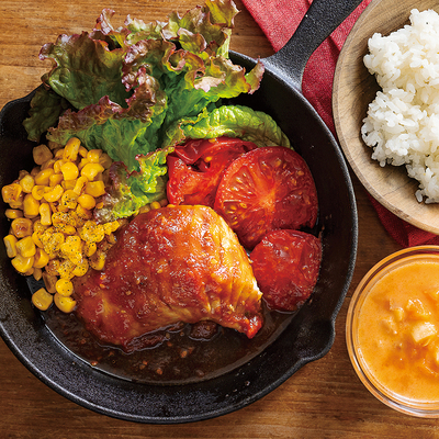 まぐろのコクだれステーキ、バターコーン、冷製ミルクミネストローネ(3人分)