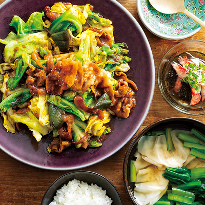 キャベツを加えて簡単ホイコーロー、かに酢風もずく、小松菜とえびわんたんのスープ（3人分）