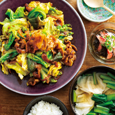 キャベツを加えて簡単ホイコーロー、かに酢風もずく、小松菜とえびわんたんのスープ（2人分）