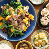 『産直ほうれん草と生きくらげの卵炒め』、『肉焼売』、きゅうりと明太子のポテサラ、なすのさっぱり中華スープ（3人分）