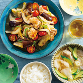 『産直鶏肉と夏野菜の甘酢醤油炒め』、きゅうり肉わんたんスープ（2人分）