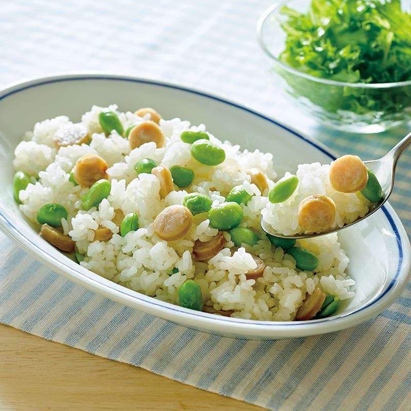 ウインナーと枝豆のレンチンピラフ風