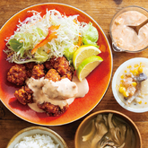 オーロラソースのチキン南蛮、『産直たまごの茶わんむし』 、まいたけのみそ汁（3人分）