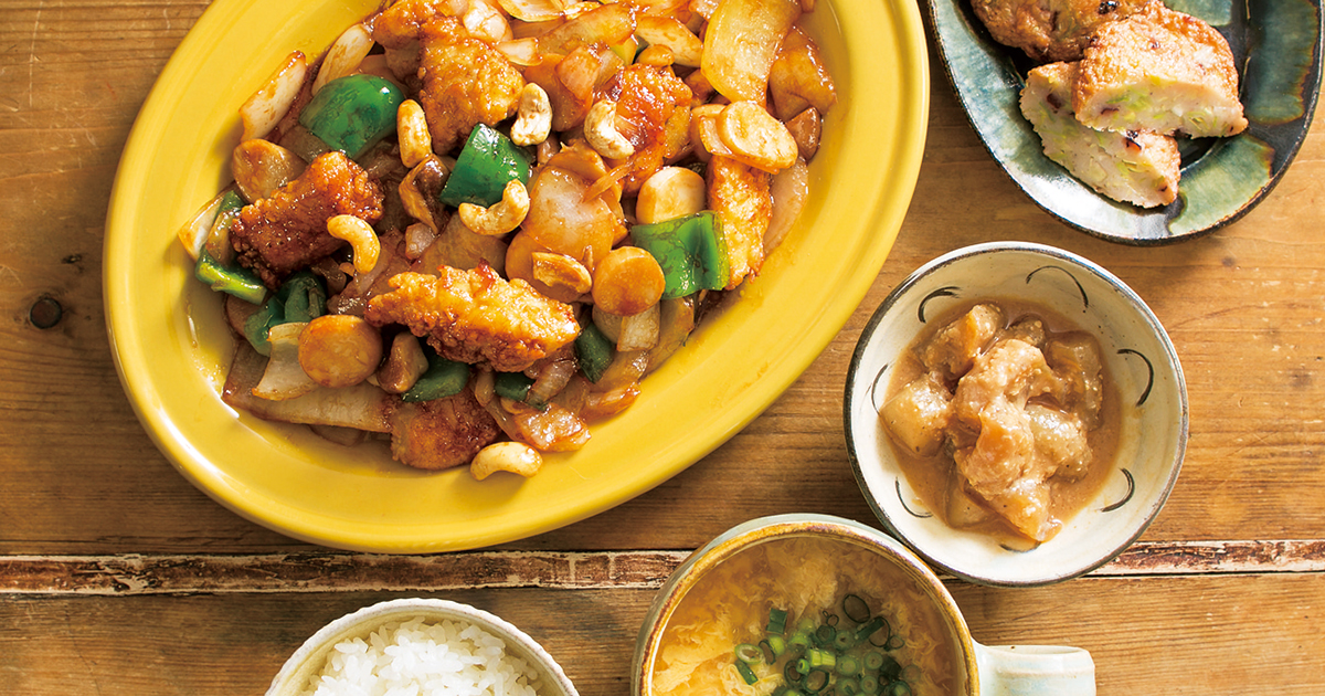 鶏肉とカシューナッツ炒め」、「春キャベツ天」、こんにゃくのレンチン