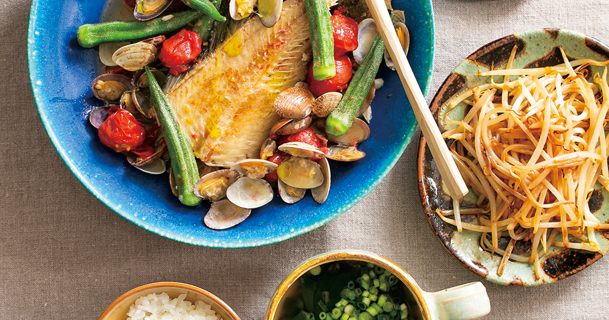 ほっけの和風アクアパッツァ 焼きもやし 即席わかめスープ 2人分 だいどこログ 生協パルシステムのレシピサイト